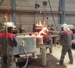 Liquid metal is poured during the centrifugal casting process at the Tecnacem foundry, subsidiary of LBI