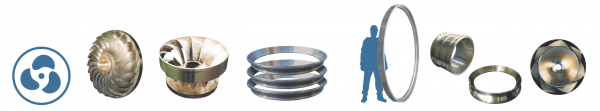 Sand and centrifugal castings components for turbines including turbine (Francis, Pelton, Kaplan), sealing system, labyrinth ring