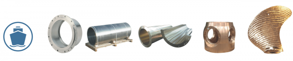 Centrifugal and sand castings products for the ship building industry including flanged liner, bearing housing, propulsion shaft liner, rudder stock liner, hub, blade