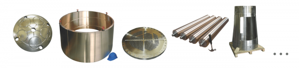 Gland bushing in bronze for hydraulic press, tubular plate in aluminium bronze, rollers, rotary feeder in stainless steel