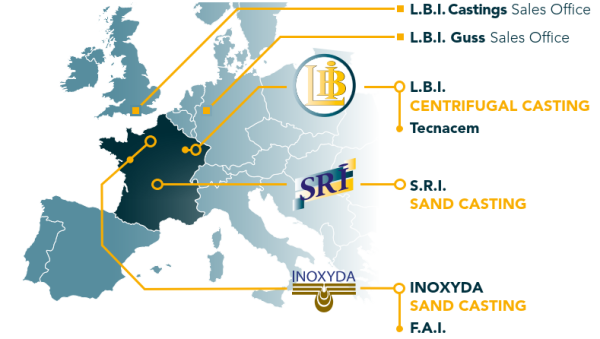 Localisation map Map with location of LBI centrifugal casting foundry, SRI and Inoxyda sand casting foundry